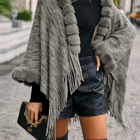 Fuzzy Trim Fringe Hem Space Dye Batwing Sleeve Cardigan - Picture 3 of 5